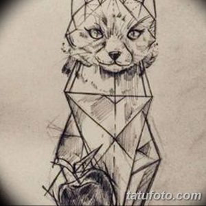 Черно-белый эскиз татуировки кота, выполненный в геометрическом стиле с использованием линий и треугольников, создающих эффект разбитого стекла.